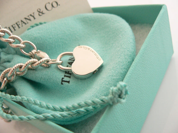 Tiffany & Co Silver I LOVE YOU Heart Padlock Bracelet Cable 7.75 Inch Textured