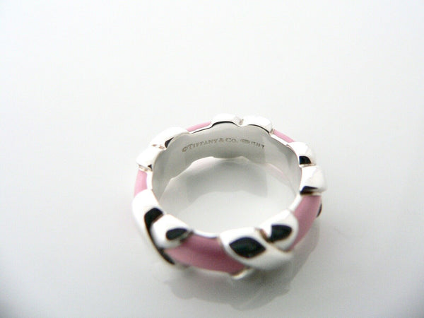 Tiffany & Co Silver Pink Enamel Signature X Wide Stacking Ring Band Sz 5 Gift