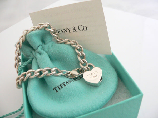 Tiffany & Co Silver I LOVE YOU Heart Padlock Bracelet Cable 7.75 Inch Textured