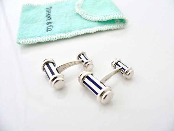 Tiffany & Co Blue Enamel Silver Atlas Cufflinks Cuff Link Pouch Man Gift Love