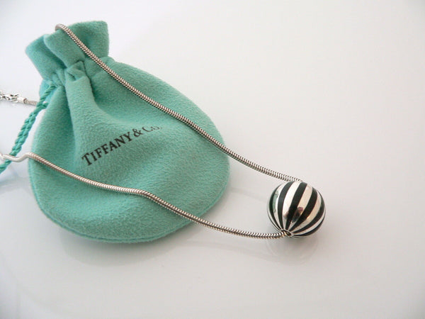 Tiffany & Co Black Enamel Ball Necklace Silver Stripe Pendant Snake Chain Gift