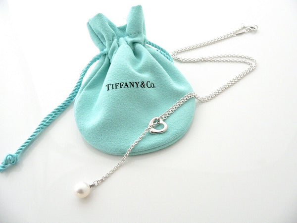 Tiffany & Co Silver Peretti Open Heart Pearl Lariat Necklace Pendant Chain Gift