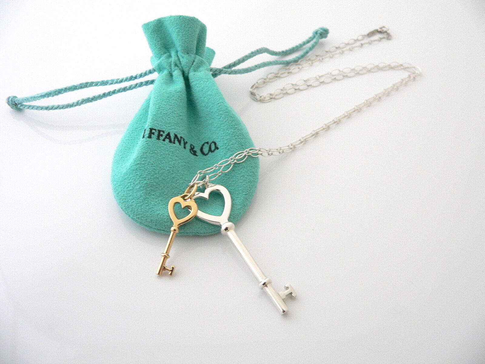 Tiffany Co Silver 18K Gold Large Heart Keys Necklace Pendant Charm 24 Inch Gift