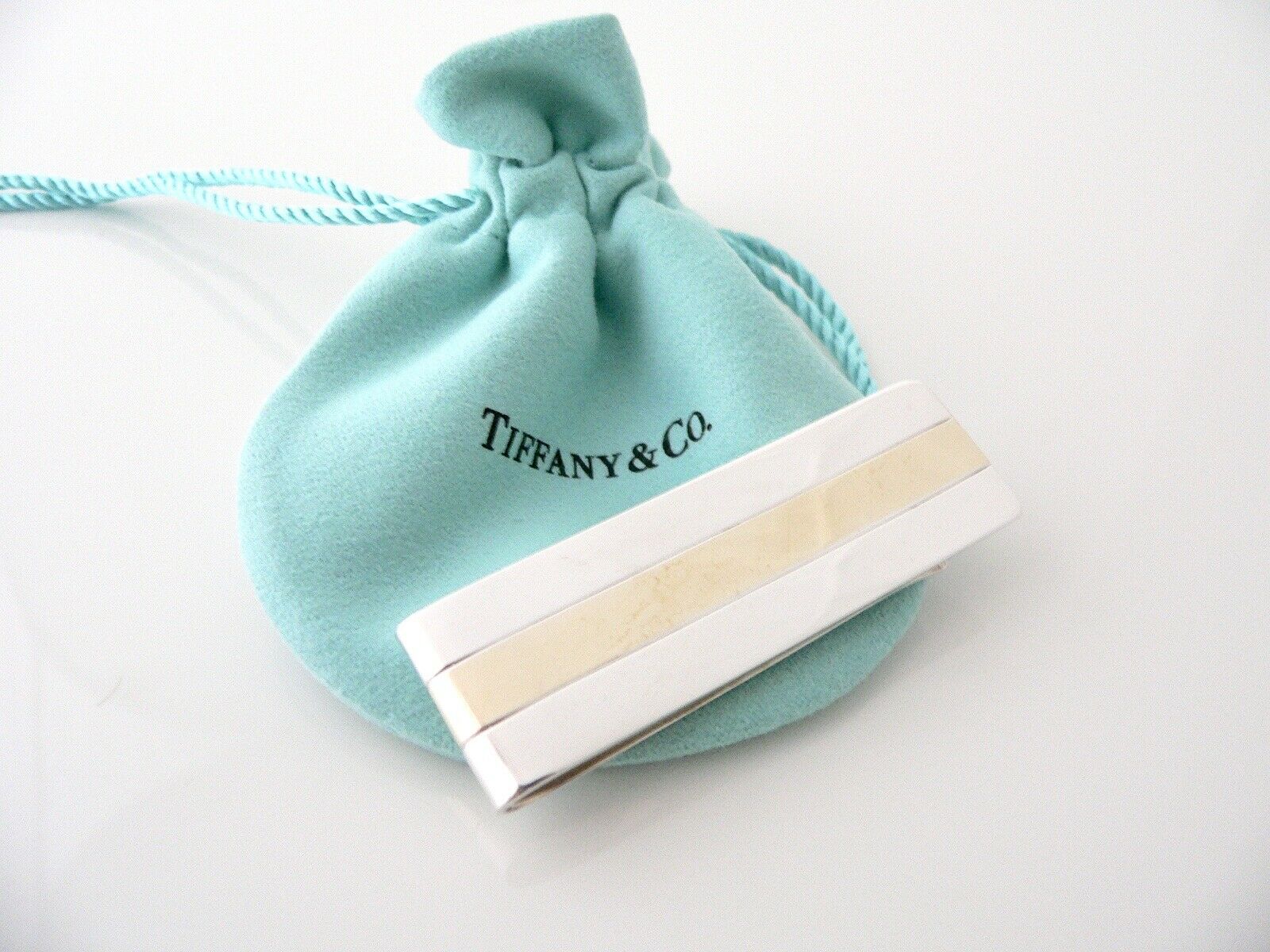 Tiffany & Co Silver 18K Gold Stripe Money Clip Holder Rare Pouch