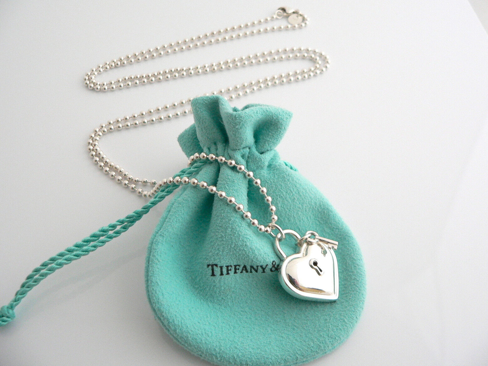 Tiffany & Co Large Heart Key Necklace Pendant Charm 34 In Chain Gift Love Pouch