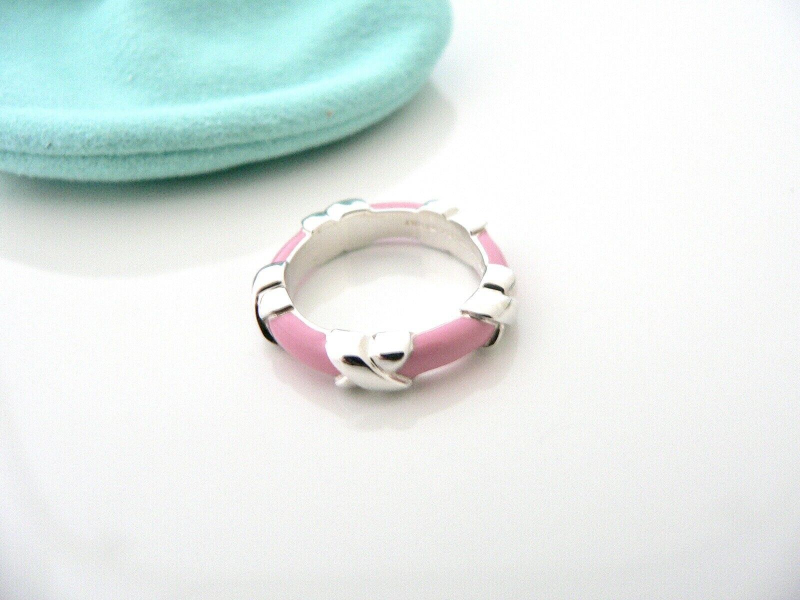 Tiffany & Co Pink Enamel Signature X Ring Band Sz 5.75 Love Gift Pouch T and Co
