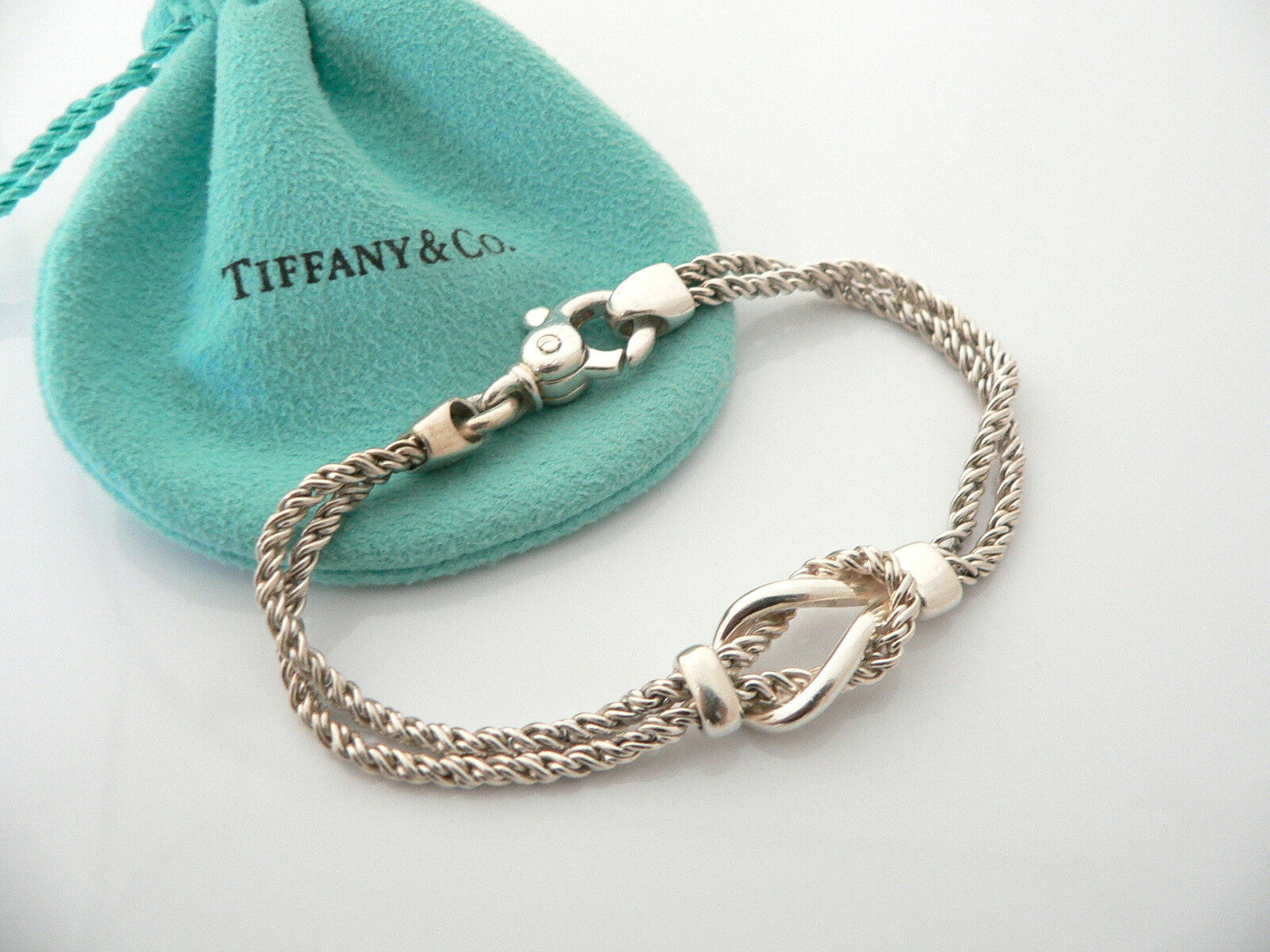 Tiffany & Co Silver Double Rope Knot Bracelet Bangle Rare 7.5 In Gift Love Pouch