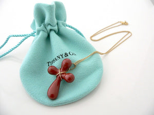 Tiffany & Co 18K Gold Jasper Cross Gemstone Necklace Pendant Gift Pouch Love Art