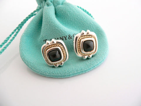 Tiffany & Co 18K Silver Onyx Earrings Gold Rope Square Studs Pierced Gift Pouch