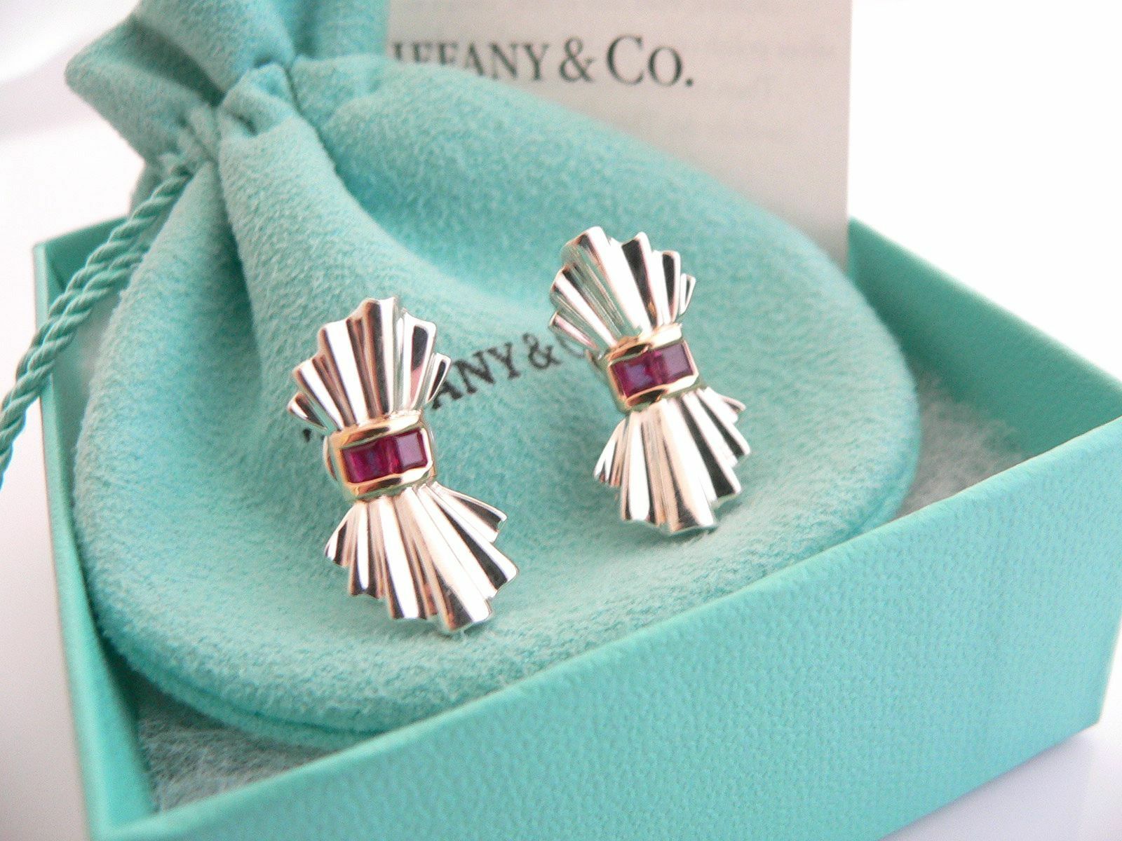 Tiffany & Co Ribbon Earrings Silver 14K Gold Ruby Gemstone Studs Gift Love Pouch