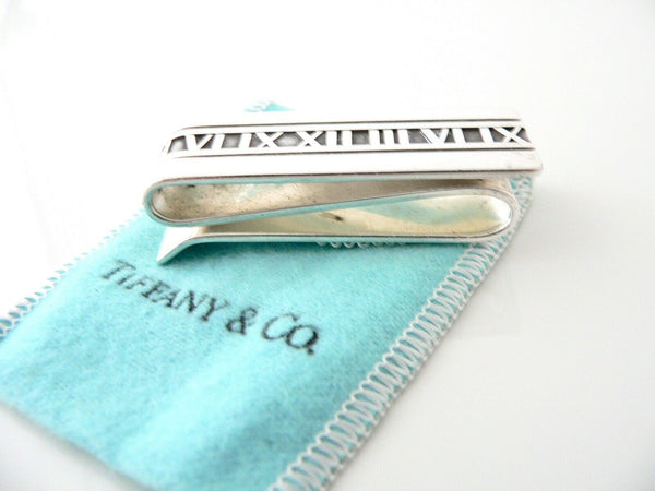 Tiffany & Co Silver Atlas Roman Numeral Double Sides Money Clip Gift Pouch Love