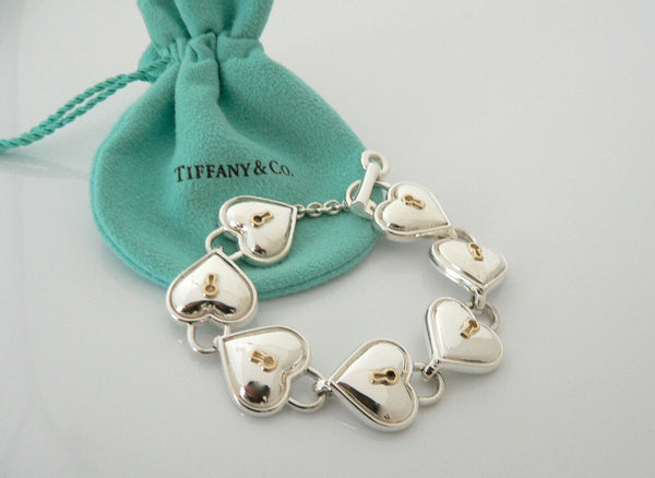 Tiffany & Co Silver 18K Gold Heart Key Hole Padlock Toggle Bracelet Gift Pouch