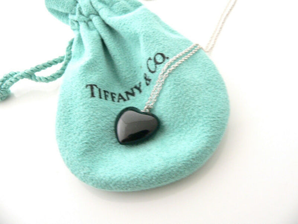 Tiffany & Co Silver Onyx Gemstone Heart Necklace Pendant 18 In Chain Gift Love