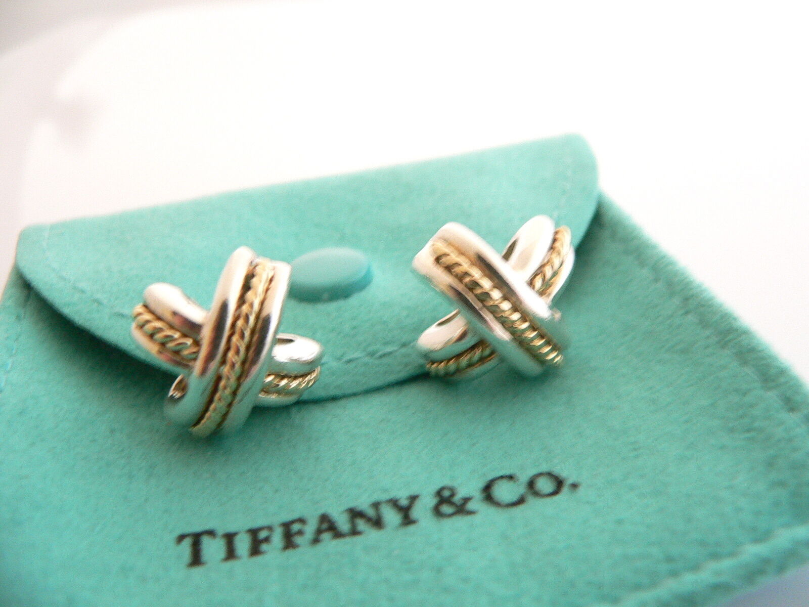 Tiffany & Co Silver 18K Gold Signature X Earrings Pierced Studs Gift Pouch Love