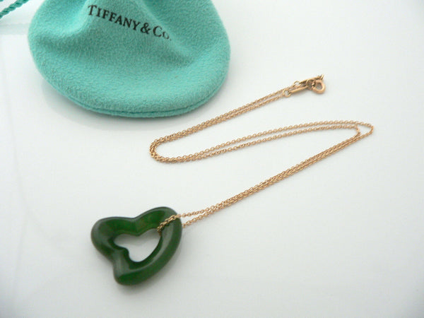 Tiffany & Co 18K Gold Large Jade Gemstone Heart Necklace Pendant Gift Love Pouch