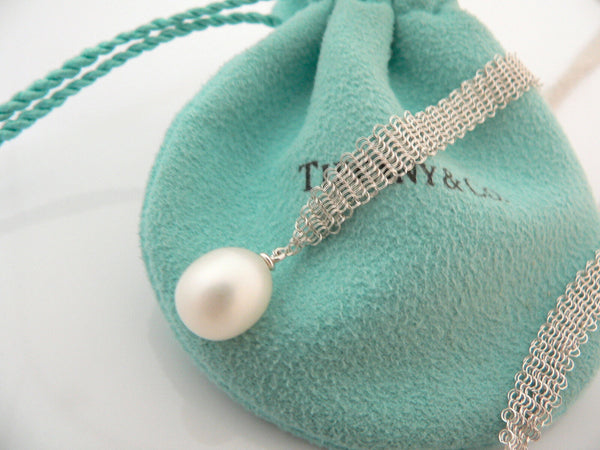 Tiffany & Co Open Heart Necklace Pearl Pendant Charm 25 Inch Mesh Gift Pouch Art