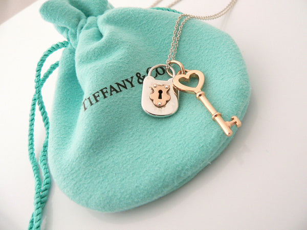 Tiffany Co Silver 18K Rose Gold Heart Key Locks Necklace Pendant Charm Gift Love