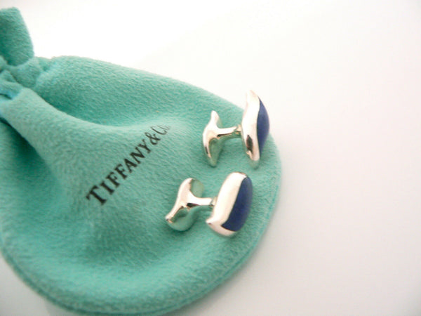 Tiffany & Co Silver Peretti Blue Enamel Feather Wave Cuff Links Cufflinks Gift
