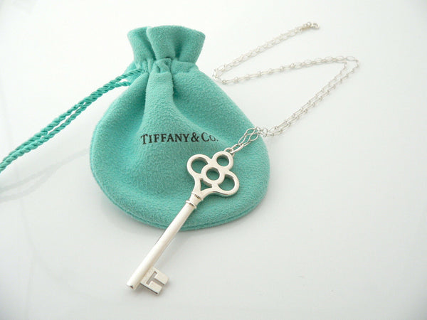 Tiffany Co Silver Crown Key Necklace Pendant 24 inch Oval Link Chain Gift Pouch