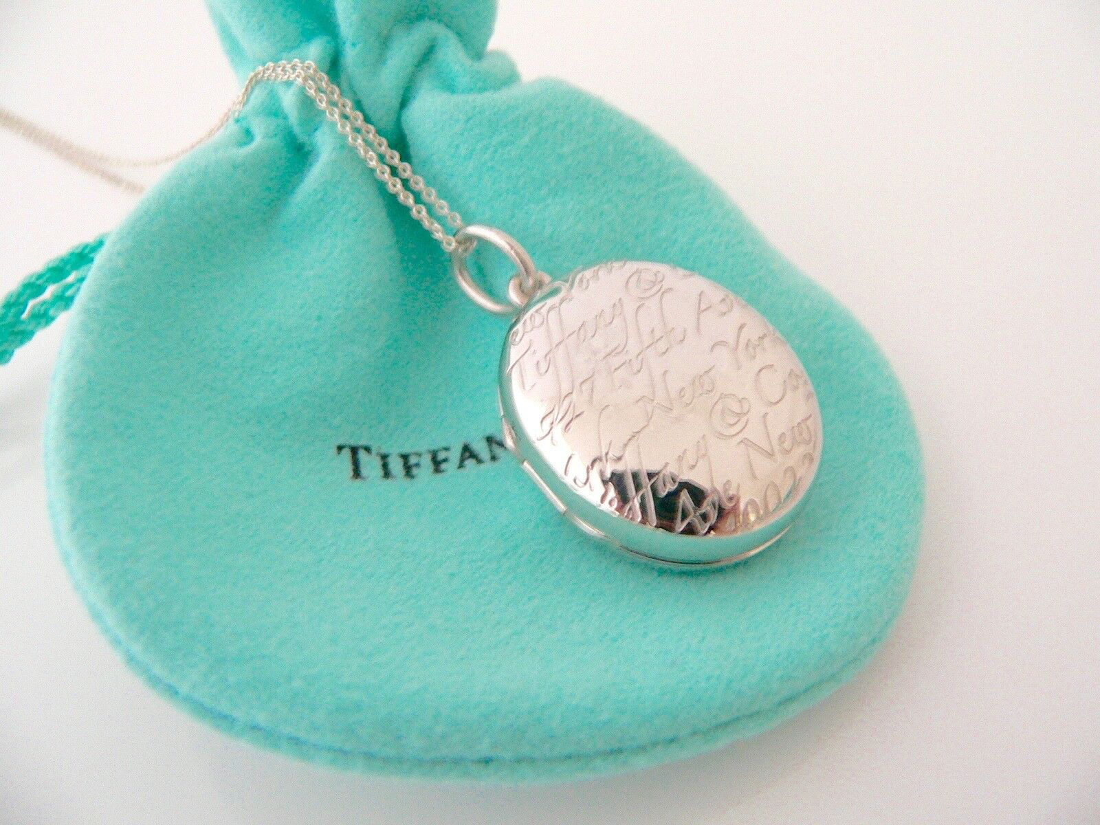 Tiffany & Co Notes Oval Locket Necklace Pendant Charm 18 Inch Chain Silver Gift