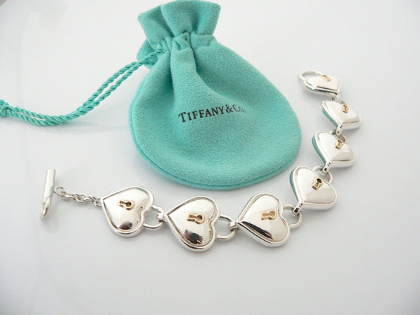 Tiffany & Co Silver 18K Gold Heart Key Hole Padlock Toggle Bracelet Gift Pouch