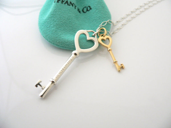 Tiffany Co Silver 18K Gold Large Heart Keys Necklace Pendant Charm 24 Inch Gift