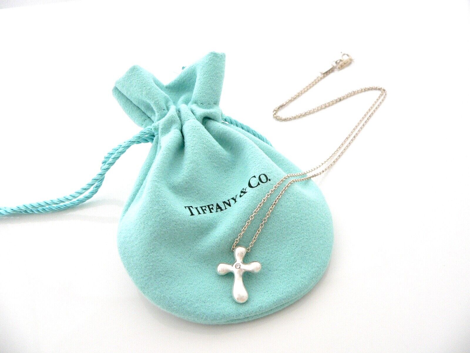 Tiffany & Co Diamond Cross Necklace Silver Peretti Pendant Gift Pouch 16.7 inch