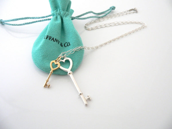 Tiffany Co Silver 18K Gold Large Heart Keys Necklace Pendant Charm 24 Inch Gift