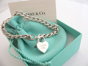 Tiffany & Co Silver I LOVE YOU Heart Padlock Bracelet Cable 7.75 Inch Textured