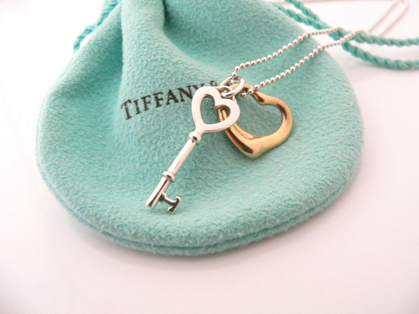 Tiffany Co Silver 18K Gold Open Heart Key Necklace Pendant Charm Chain Gift Love