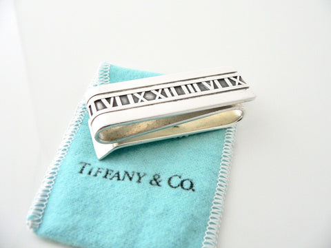 Tiffany & Co Silver Atlas Roman Numeral Double Sides Money Clip Gift Pouch Love