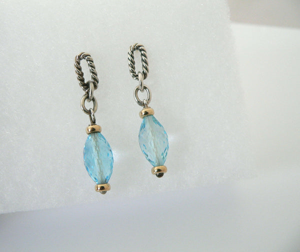 David Yurman Silver 18K Gold Blue Topaz Dangle Dangling Earrings 18K Posts Gift