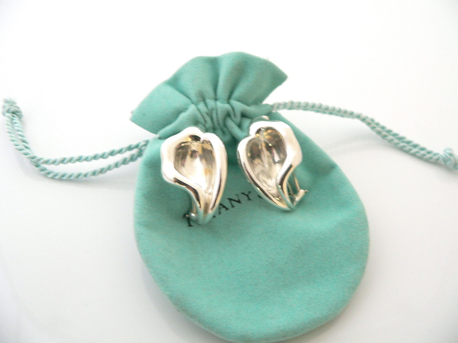 Tiffany & Co Silver Peretti Nature Flower Calla Lily Clip On Earrings Gift Pouch