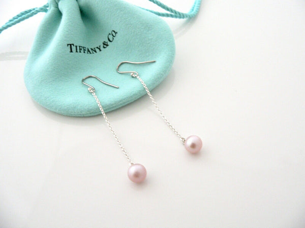 Tiffany & Co Pearl Dangle Earrings Pink Dangling Hook Studs Gift Pouch Silver