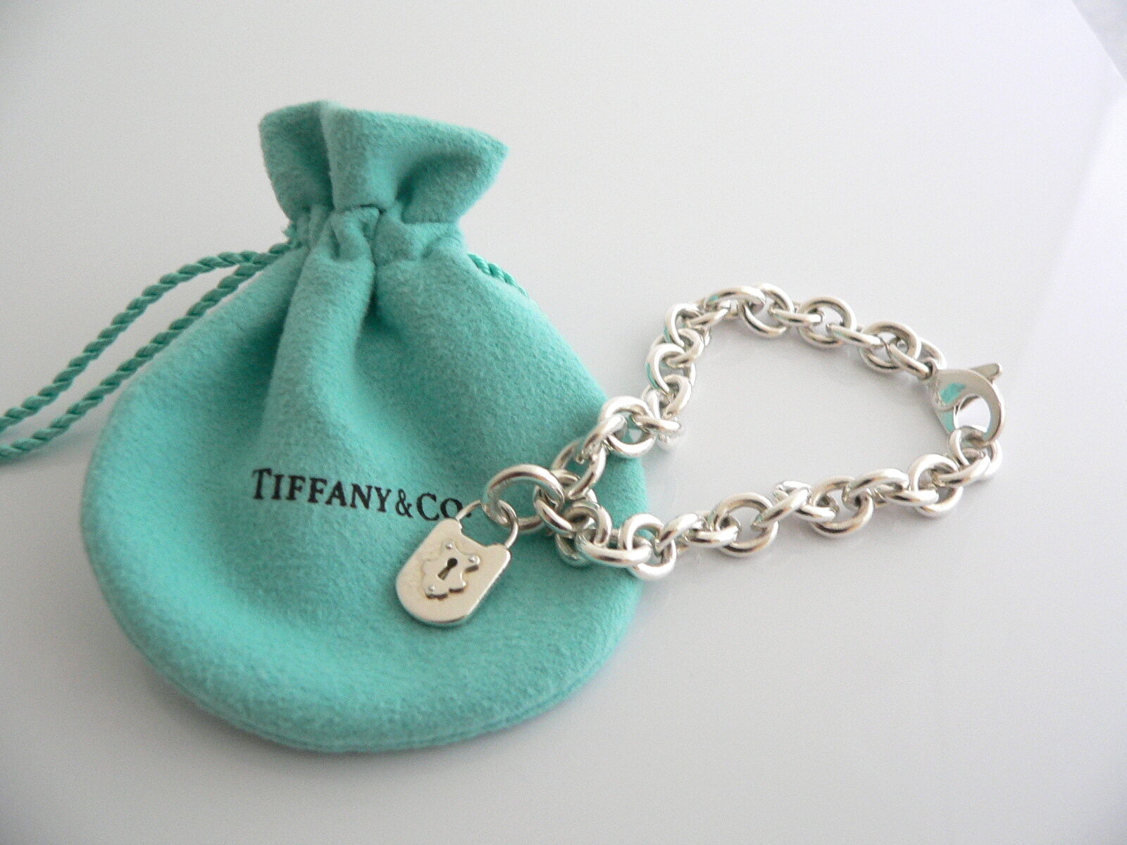 Tiffany & Co Silver Padlock Key Locks Bracelet Bangle Charm Pendant Gift Pouch