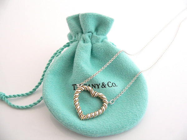 Tiffany & Co Silver 18K Gold Heart Rope Necklace Pendant Solitaire Charm Gift