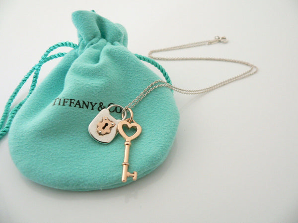 Tiffany Co Silver 18K Rose Gold Heart Key Locks Necklace Pendant Charm Gift Love