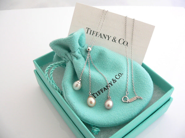 Tiffany & Co 18K Gold Pearl Drop Dangle Necklace Pendant Chain Gift Pouch Love