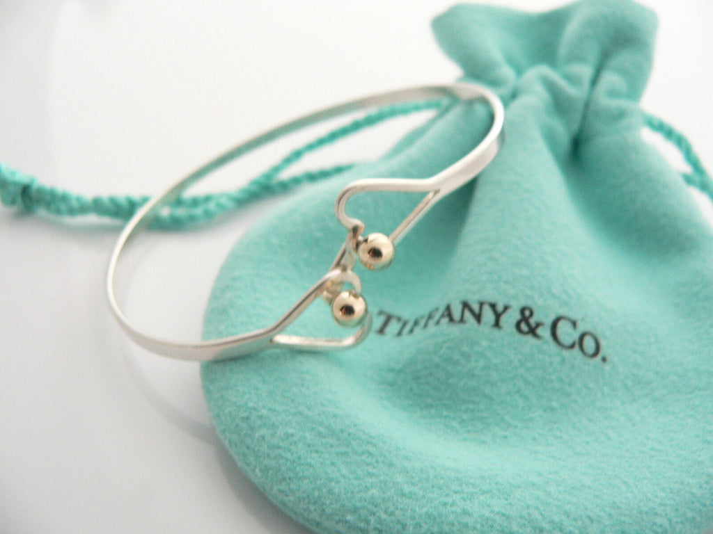 Tiffany & Co Silver 18K Gold Heart Bangle Love Hook Bracelet Love Gift Pouch Art