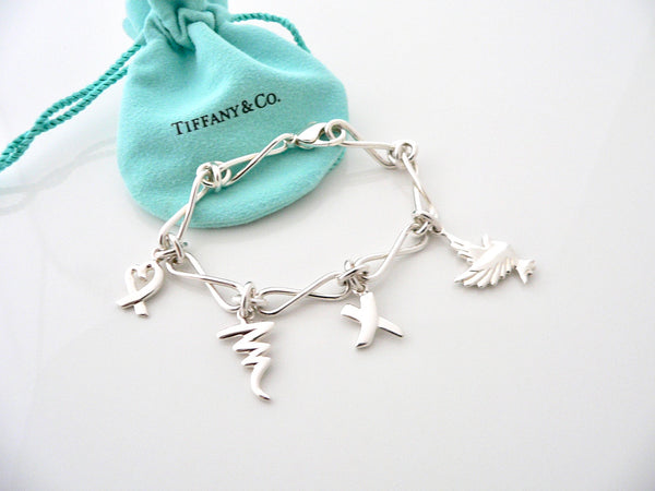 Tiffany & Co Silver Picasso Dove Heart Kiss Scribble Charm Bracelet Bangle Gift