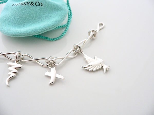 Tiffany & Co Silver Picasso Dove Heart Kiss Scribble Charm Bracelet Bangle Gift