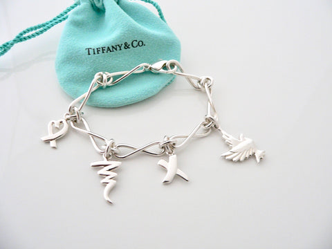 Tiffany & Co Silver Picasso Dove Heart Kiss Scribble Charm Bracelet Bangle Gift