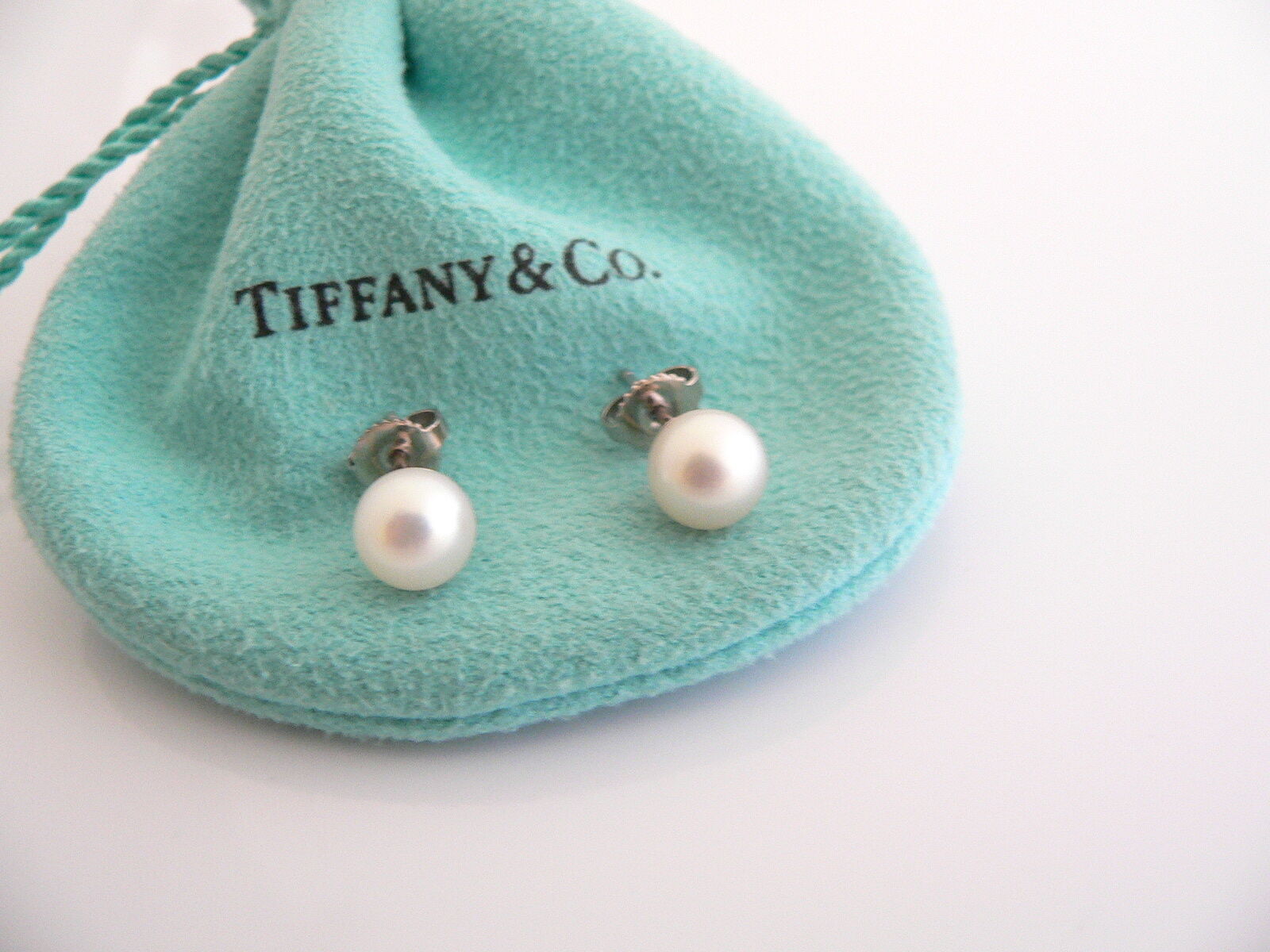 Tiffany & Co 18K White Gold 7 MM Pearl Earrings Studs Gift Pouch Love