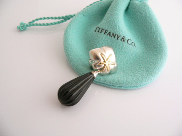 Tiffany & Co Silver 18K Gold Onyx Dangle Dangling Earrings Starfish Gift Pouch