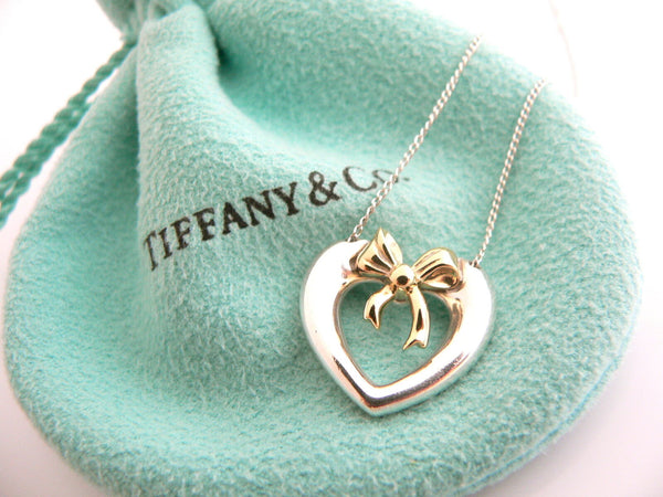 Tiffany & Co Silver 18K Gold Heart Ribbon Bow Necklace Pendant Charm 18 In Long