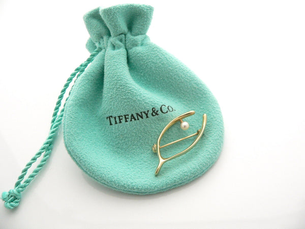 Tiffany & Co 14K Yellow Gold Pearl Pin Brooch Wishbone Wish Bone Love Gift Lucky