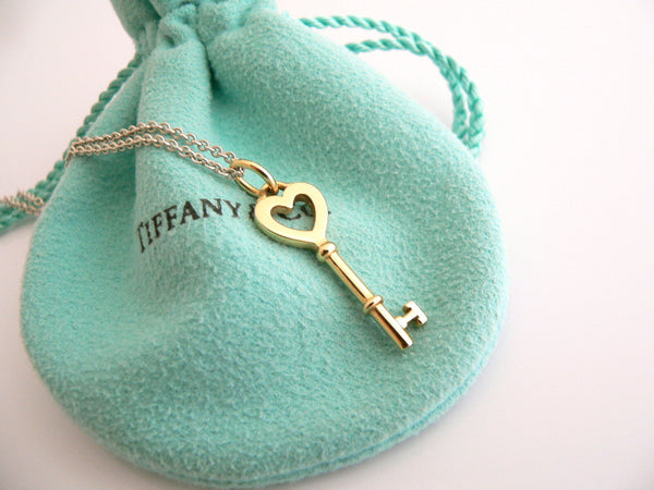 Tiffany Co Silver 18K Gold Heart Key Trefoil Necklace Pendant Charm 18 Inch Gift