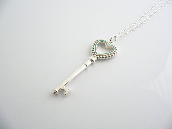 Tiffany Co Silver Blue Enamel Heart Key Necklace Pendant Bead Charm Gift Love