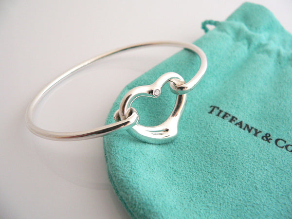 Tiffany & Co Silver Peretti Diamond Open Heart Bangle Bracelet Gift Pouch Love