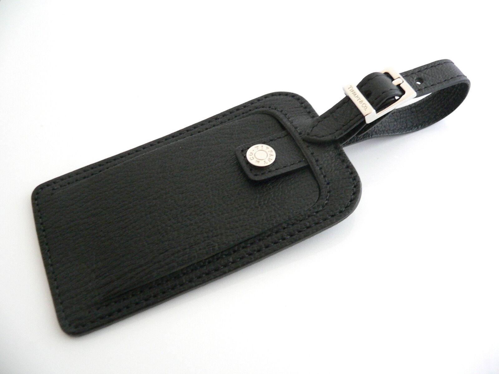 Tiffany & Co Black Textured Leather Luggage Tag Golf Bag Gift Traveler Love